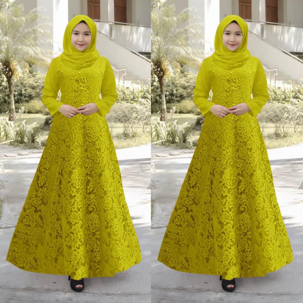 GUCHI Maxi Dress Gamis Terbaru Brukat Timbul Pesta Seragam Kondangan Remaja Dewasa Fashion Wanita Muslim Terbaru Jumbo - Size M L XL XXL