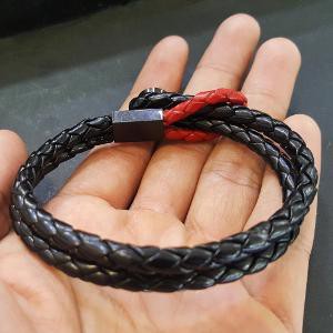 Premium Bracelet Gelang Kulit Pria Wanita Emporio Armani Single String Black Red Clasp Genuine Leat