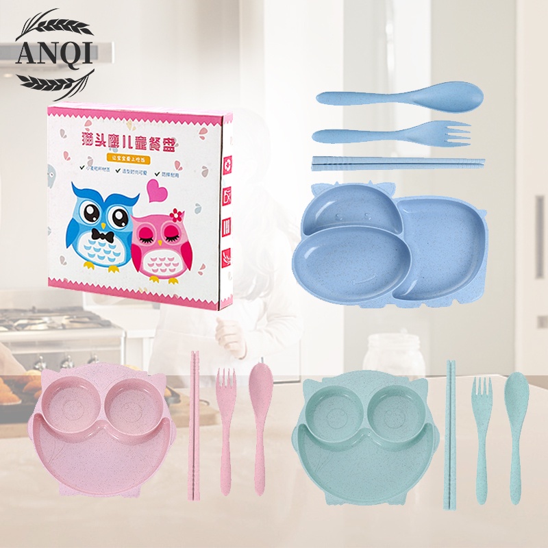 ANQI 1888 Piring makan set anak Piring makan wheat 4 in 1 lucu anak VS