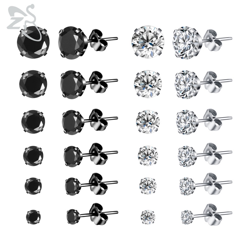 6 Pasang / Lot Anting Stud Helix Conch Zircon Shiny Bahan Stainless Steel 20g Ukuran 3-8mm