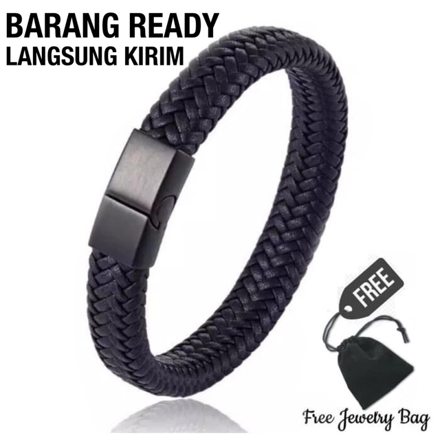 Gelang Kulit Hitam Pria Stainless Steel Leather Bracelet Black Premium