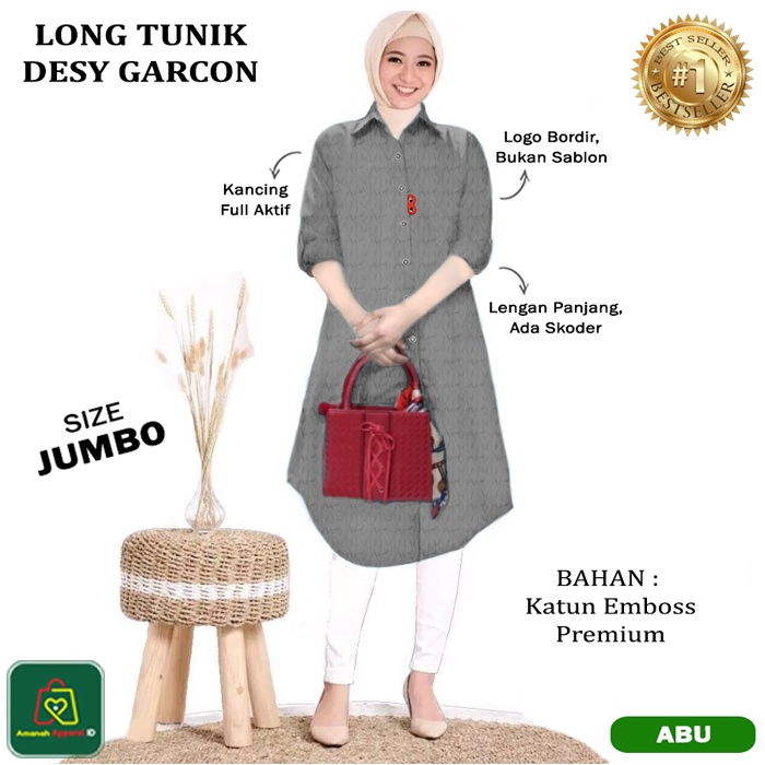 Baju Atasan Tunik Wanita Muslim LONG TUNIC DESY GARCON JUMBO Bahan Katun Emboss Premium Size XL-XXL / 19652 19655