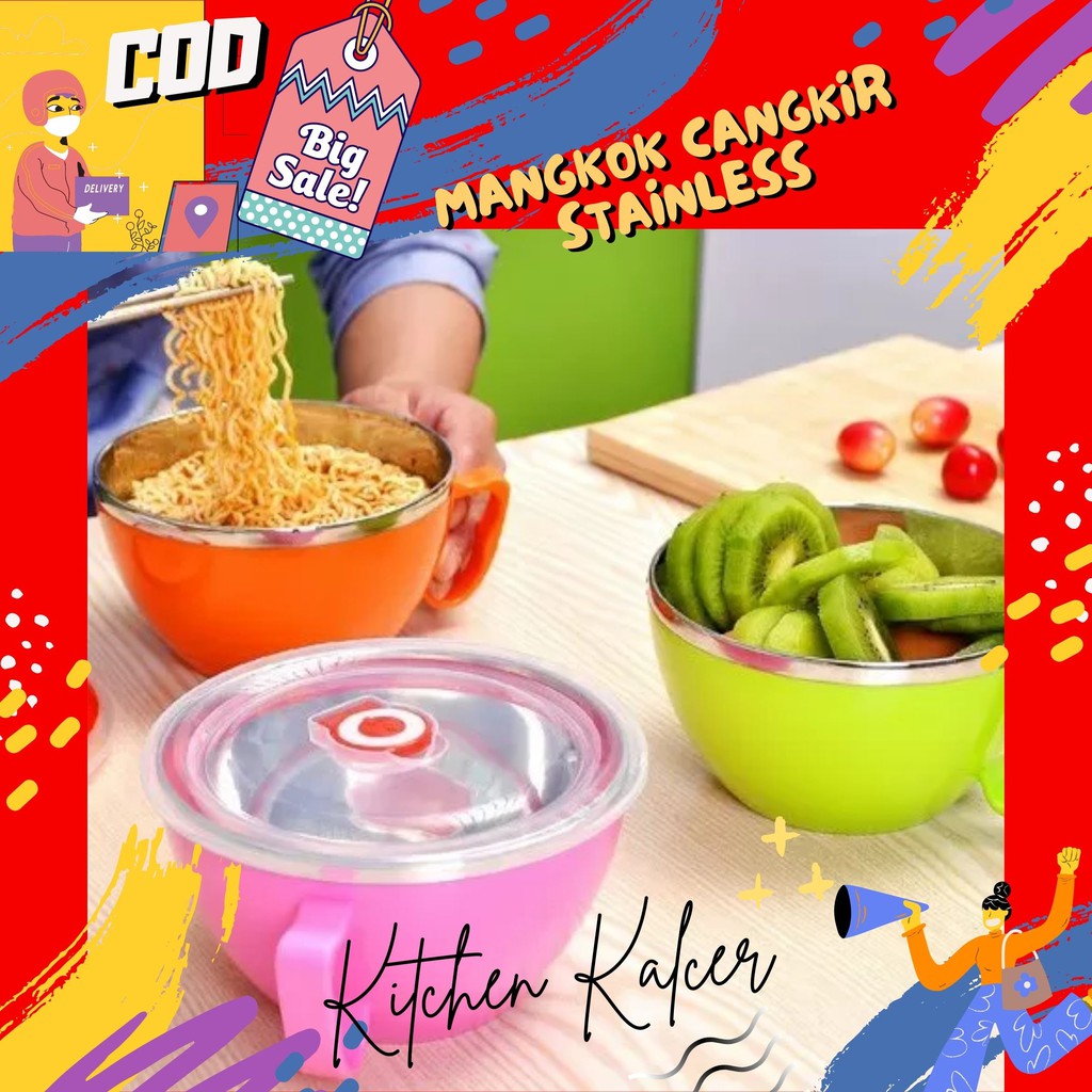 MANGKOK CANGKIR STAINLESS STEEL DGN PEGANGAN DAN TUTUP KEDAP UDARA / MANGKOK MASAK MIE BUBUR INSTAN