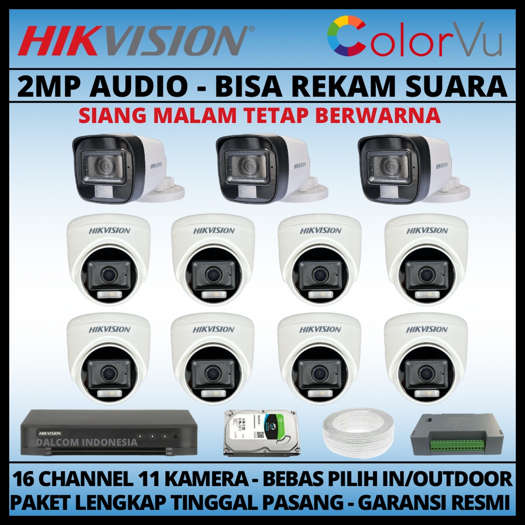 PAKET CCTV HIKVISION COLORVU 2MP 16 CHANNEL 11 KAMERA COLORFUL