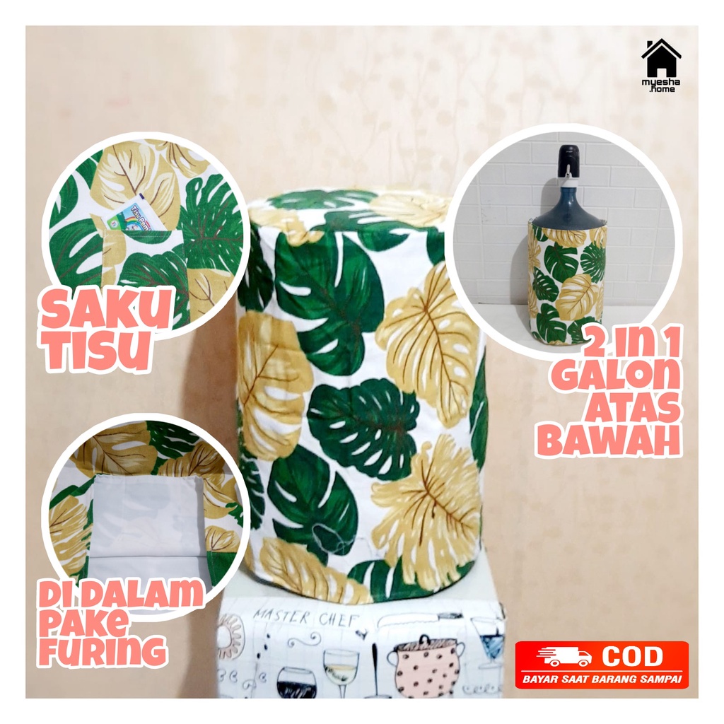 Cover Galon Dispenser Atas Sarung Galon Dispenser Bawah Motif Monstera Gold