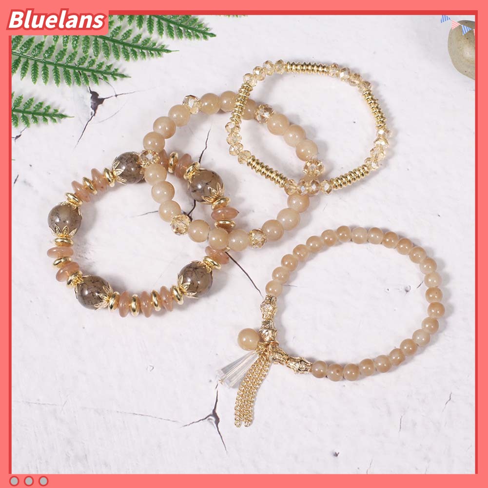 Bluelans 4Pcs Boho Faux Agate Pearl Tassel Chain Charm Beaded Bracelet Women Jewelry