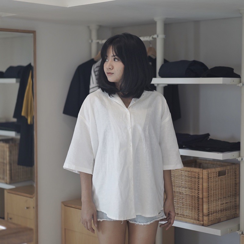 Kemeja Oversize Korea Pria Wanita Bahan Linen Polos Putih / Korean Oversized Shirt Linen - JAEM