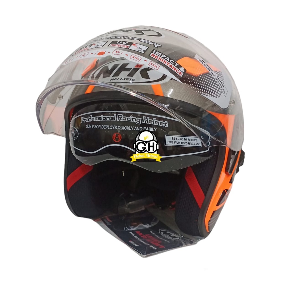 HELM NHK R1 MOTIF BIZARE ORANGE FLO SILVER NHK R-1 BIZARE ORANGE FLOURECENT SILVER DOUBLE VISOR