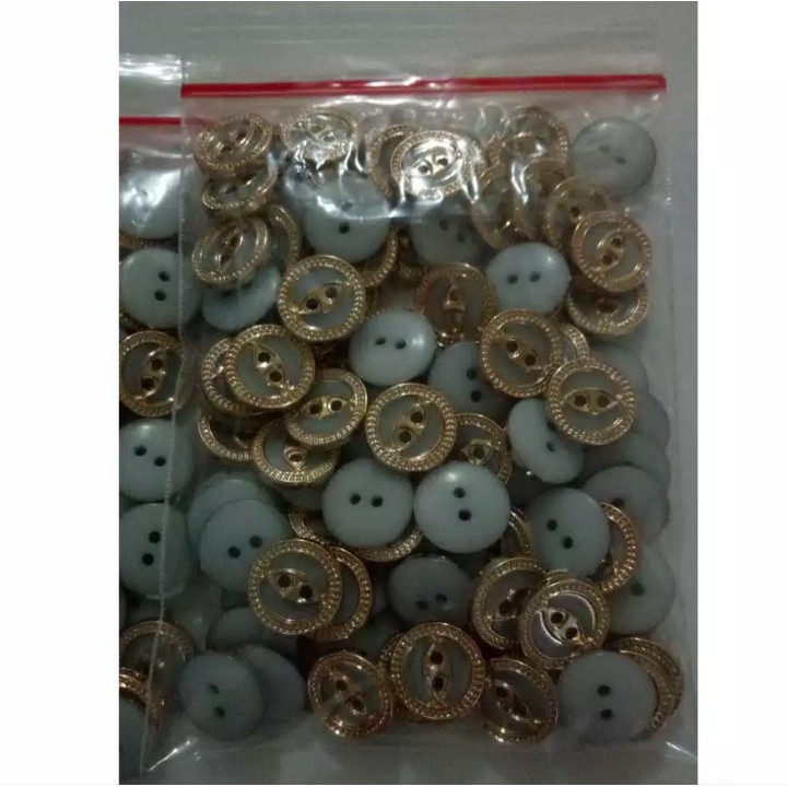 Kancing Baju Kemeja Gepeng Emas Lubang 2 diameter 15mm isi 100pcs