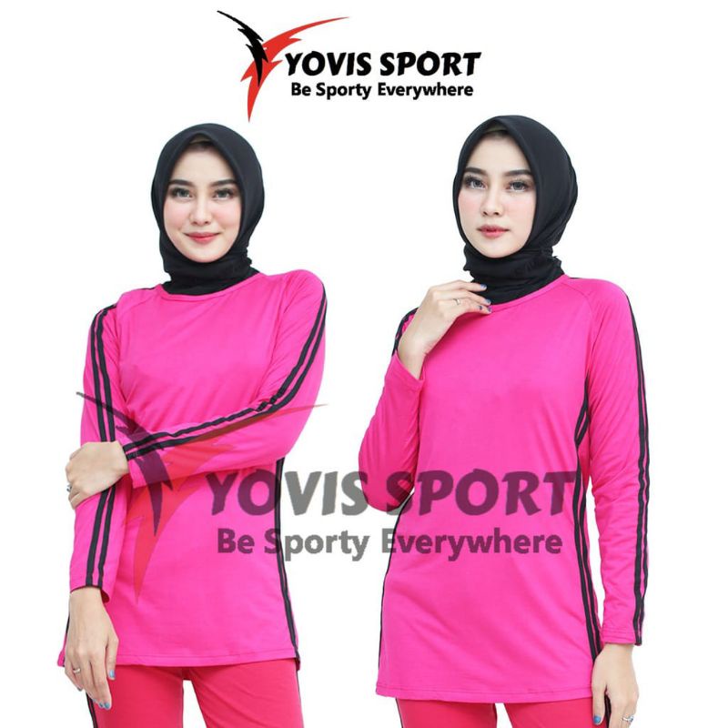 kaos atasan senam wanita lengan panjang-pink lis hitam