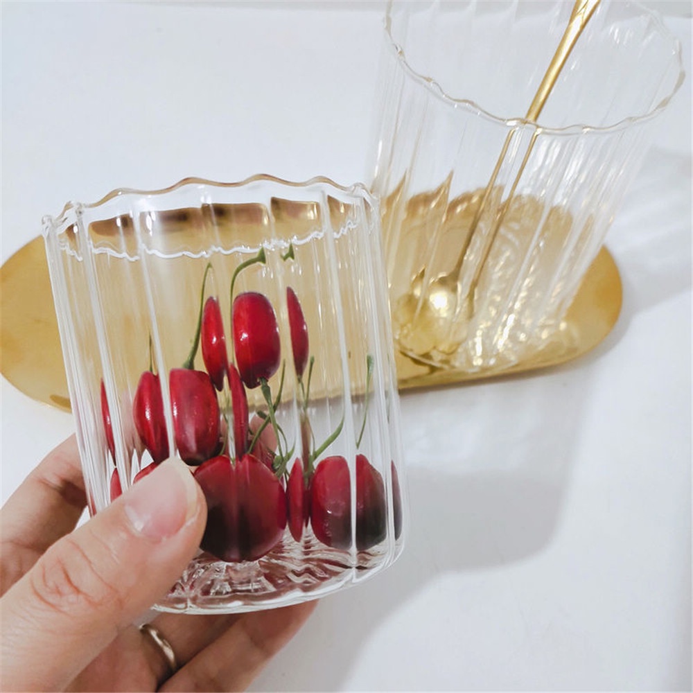 【COD Tangding】250/450ML Home Creative Breakfast Milk Cup Striped Corrugated Cup Cup Glass Gift