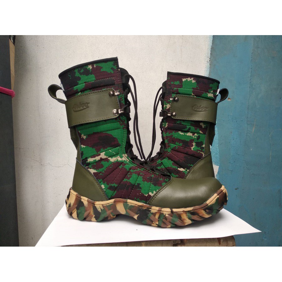 PROMO sepatu safety boot arboo PDL TITAN LORENG NINJA ARMY HIJAU resleting ujung besi BERKUALITAS
