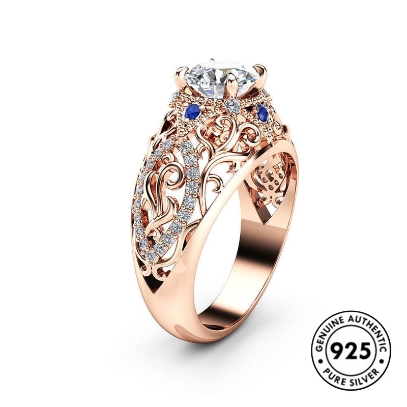 Cincin Sterling Silver 925 Desain Bunga Hollow Hias Berlian Imitasi Mewah Untuk Wanita