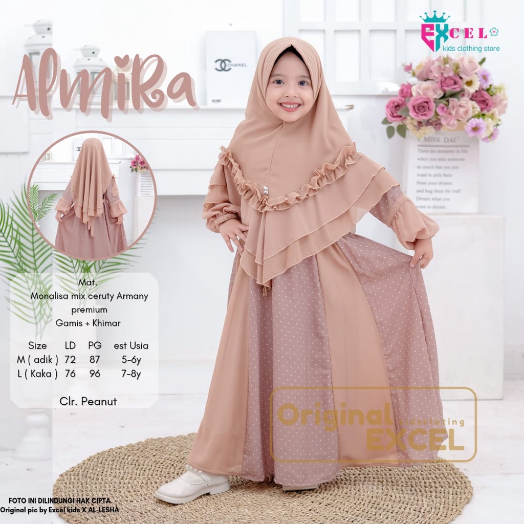 SETELAN SYAR'I ANAK PEREMPUAN GAMIS+KHIMAR ~ BAHAN MONALISA MIX CERUTI ARMANI PREMIUM ~ ALMIRA SET S