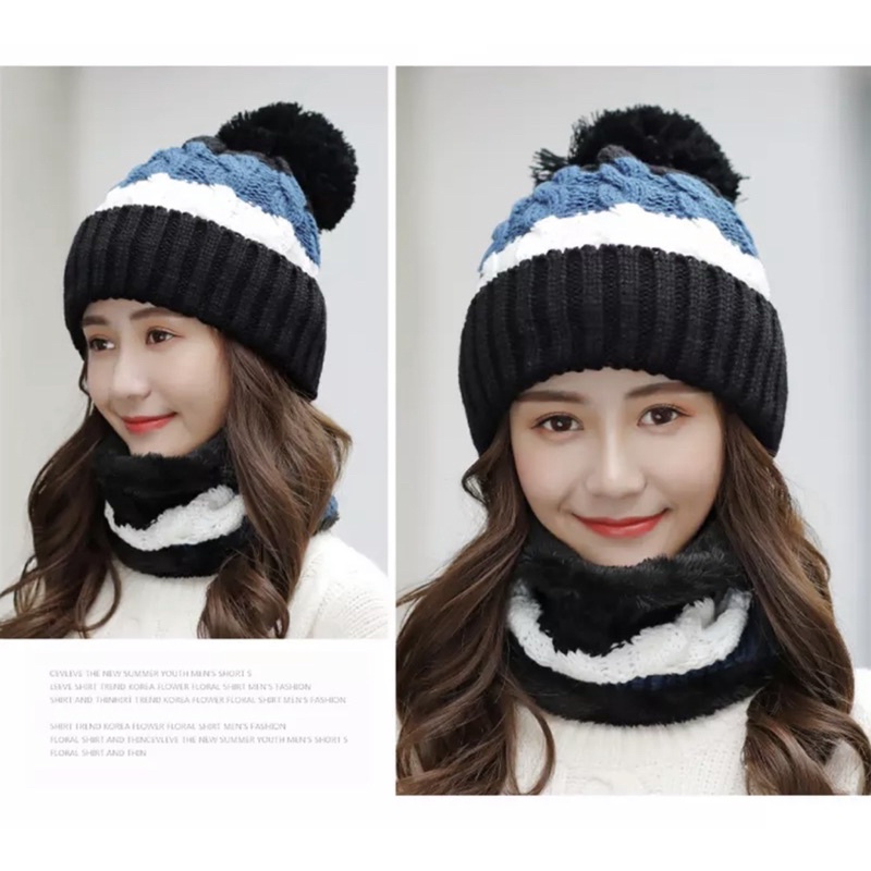 Topi kupluk wanita hangat import rajut winter hat musim dingin korea anak beanie set neck warmer kim