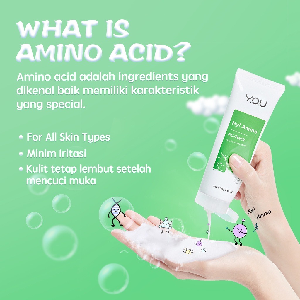 YOU Hy! Amino AC-Ttack Anti Acne Facial Wash Indonesia / Pembersih Wajah Sabun Cuci Muka / Bekas Jerawat Berjerawat Treat Acne 100g / Skincare Face Cleanser Cleansing / Brightening Bacterial Hydrating Oil Control / Toner Serum Sunscreen Y.O.U Series Paket