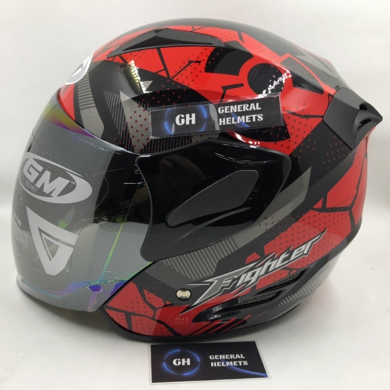HELM GM FIGHTER MOTIF HAZZARD BLACK RED HITAM MERAH HALF FACE