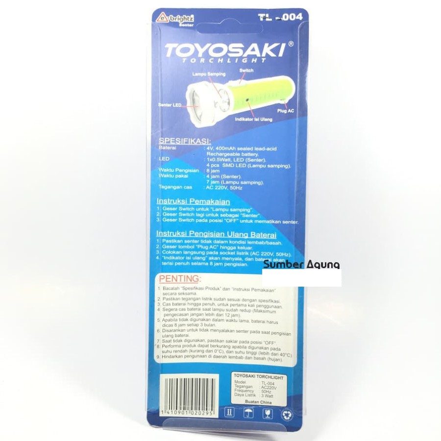 Senter Tangan Toyosaki TL004 LED Murah 2 Mode Awet Cas Rechargeable