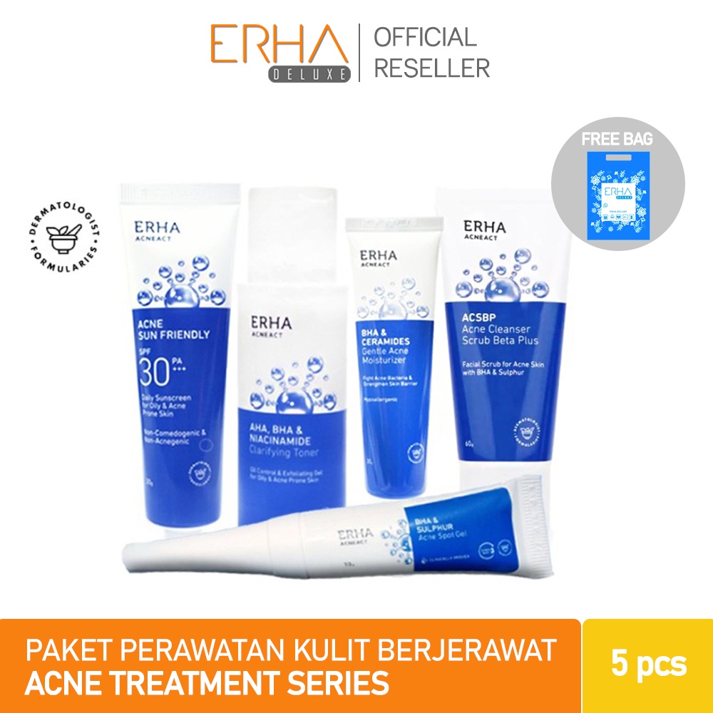 ERHA Penghilang Jerawat Lengkap 5 Pcs - Paket ACSBP - Spot Gel - Toner - Sunscreen - Moisturizer