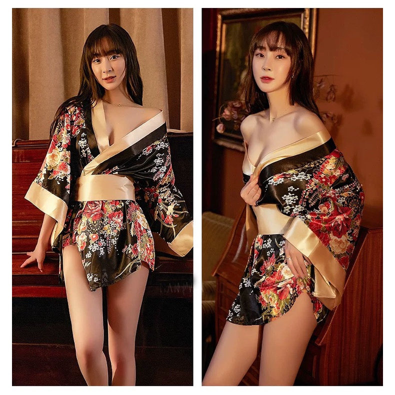 Lingerie Sexy Kimono Cosplay Kostum Satin leher V Wanita Baju Tidur Set 3A398