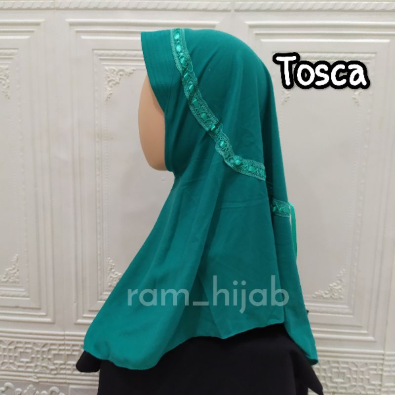 ram hijab kerudung jilbab instan bergo anak sekolah TK SD SMP serut pita atas warna hijau tosca