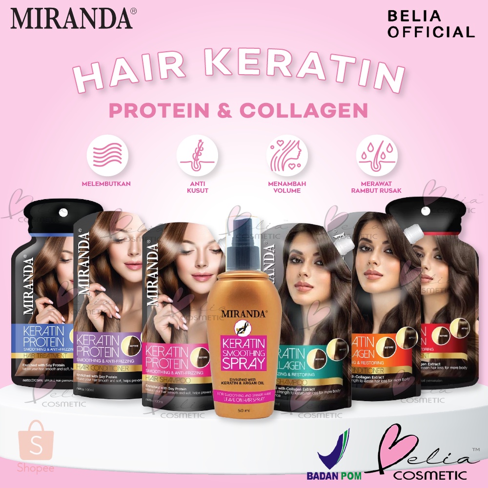 ❤ BELIA ❤ MIRANDA Keratin Series | Protein Collagen | Smoothing Spray 50ml | Shampoo Conditioner 100ml | Hair Treatment 2x25ml | BPOM