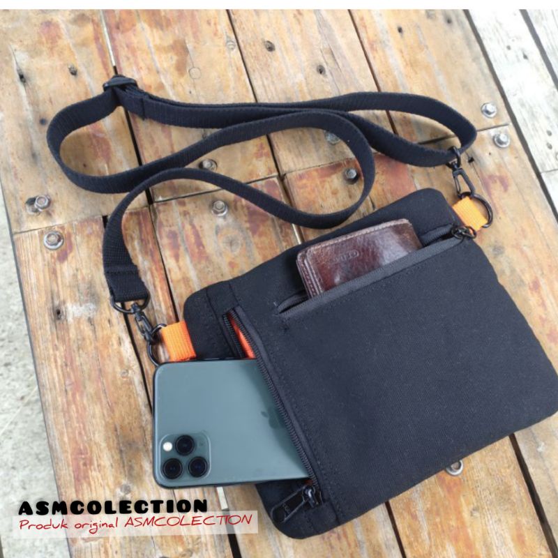 Tas selempang mini pria/wanita original/slingbag dompet+hp kanvas hitam