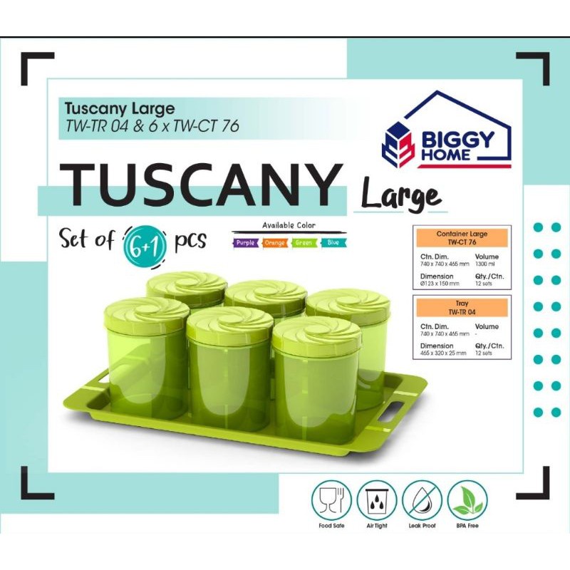 BIGGY TUSCANY LARGE / Toples Plastik Set Wadah Kotak Penyimpanan 6 Set + Nampan Plastik