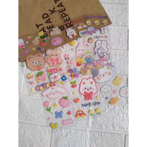 

[Canaya] Sticker Sheet Kartun Bear Pastel Transparan || Sticker PVC Kucing Kelinci Beruang kisscut || bujo || Deco || Aesthetic || Journal || Dekorasi