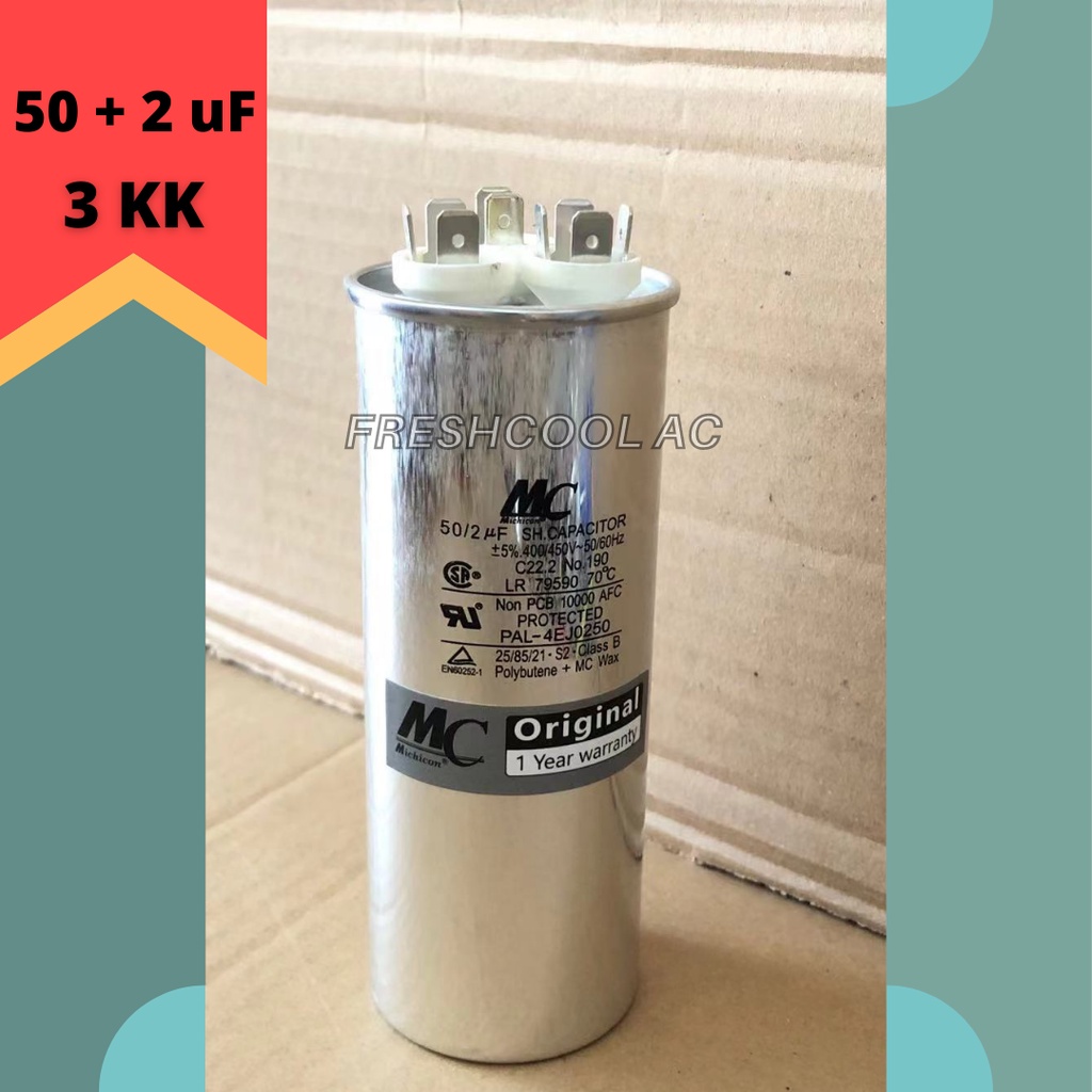 KAPASITOR AC / CAPACITOR AC LG 3 KAKI MERK MC 50/2 uF (50/2 MIKRO)