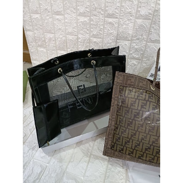 tas fashion tote Fendi jala,Fendi Tote transparan set pouch free box,totebag FF