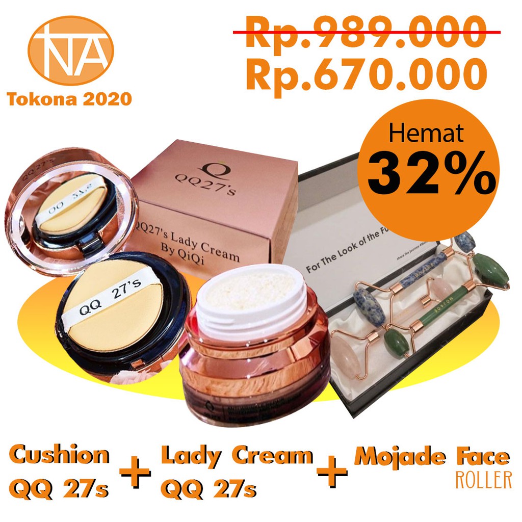 PAKET  QQ 27'S LADY CREAM, QQ CUSHION DAN FACE JADE ROLLER