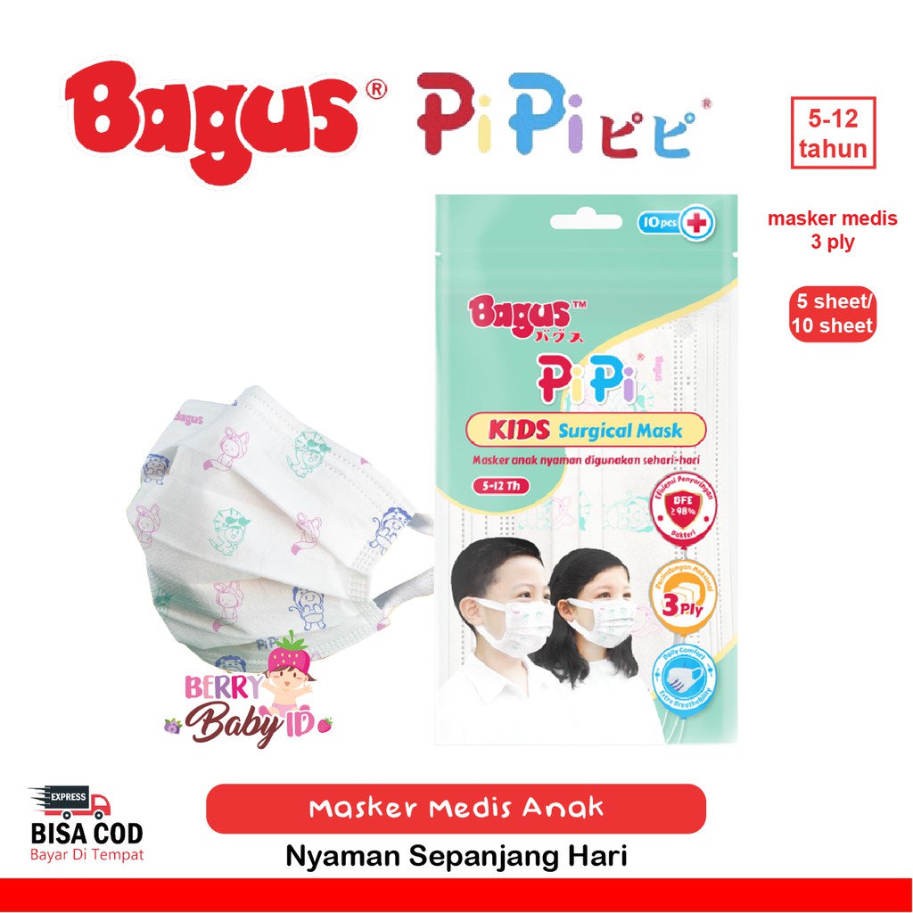 Bagus Pipi Kids Surgical Mask 3 Ply Earloop Masker Medis Anak 10 Sheet Berry Mart
