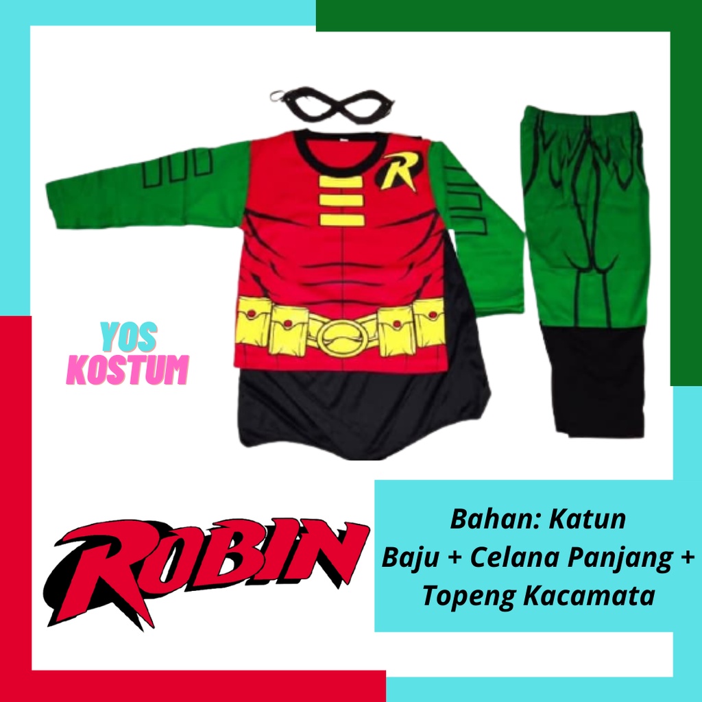 Kostum Anak Cowok Robin Superhero Baju Kaos Setelan Panjang Laki Topeng Sayap Costume Cosplay