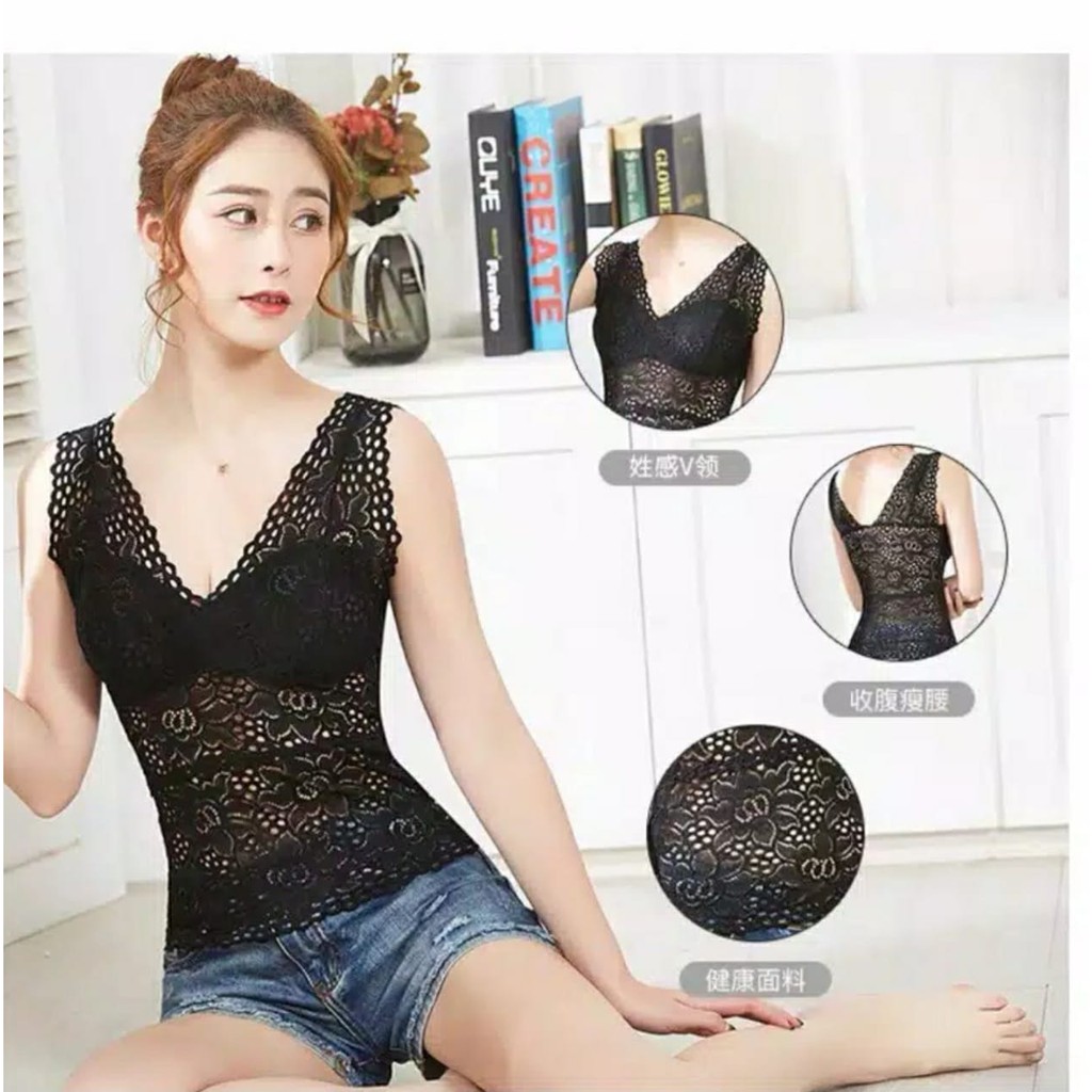 ATASAN TANKTOP TANK TOP KAMISOL V NECK PANJANG RENDA BRUKAT BROKAT PAKAI CUP BUSA