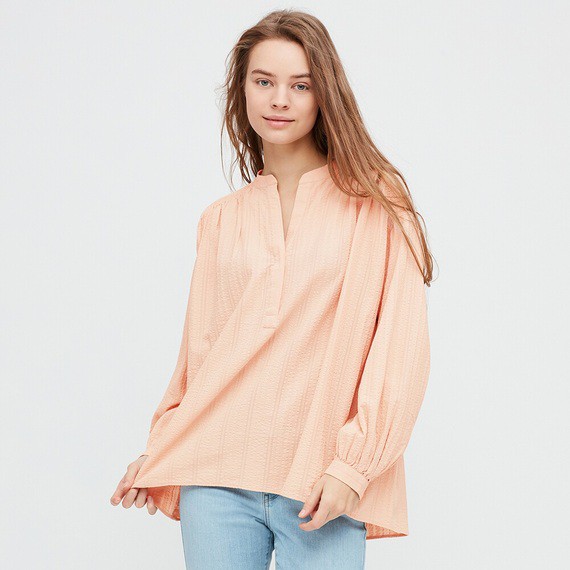 Jastip Uniqlo - WOMEN BLUS KATUN DOBBY GATHER LENGAN PANJANG