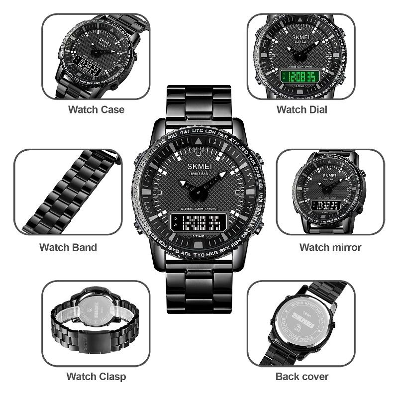 SKMEI 1898 Jam Tangan Pria Digital Analog 3Time Chronograph Tali Stenlis Sport Watch WATCHKITE WKOS