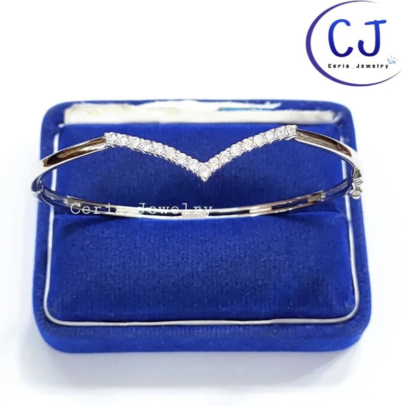 Gelang Perak Asli Silver Wanita 925 Lapis Emas Putih Model Bangle Oval Fuji Permata Full Kaku - Perhiasan Perak Wanita Asli