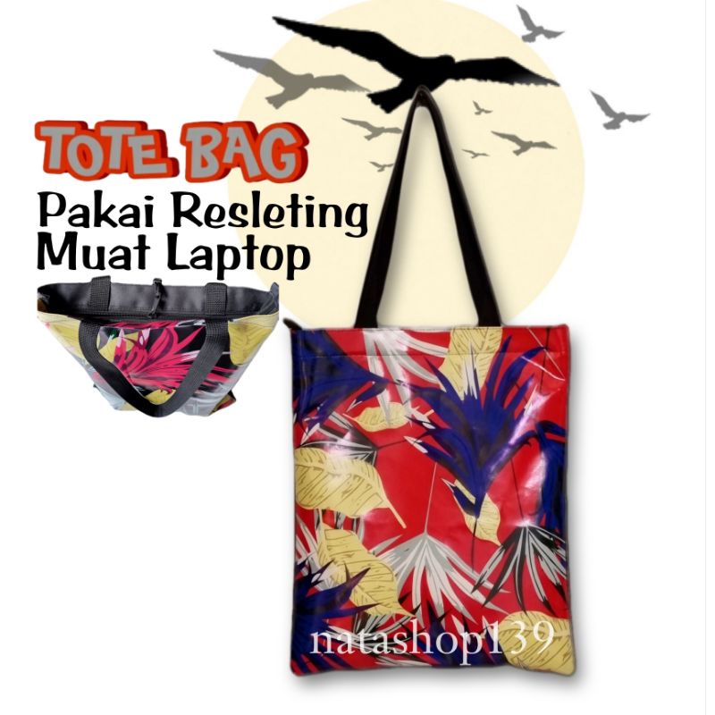 TOTE BAG Tas Jinjing Tas Bahu Motif Cantik Pakai Resleting Muat Laptop Tas Shopping Study Travel