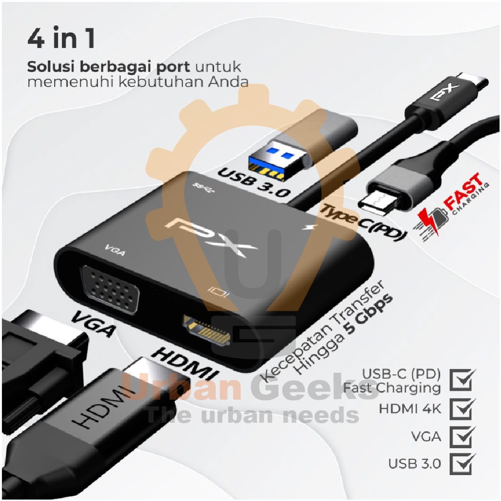 USB Hub Converter Adapter 4 in 1 4K PX UCH14B Type C 3.1 to HDMI VGA