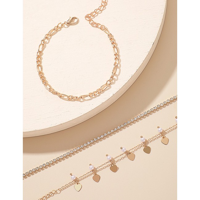 LRC Gelang Tangan Fashion Golden Water Wave Chain Sequined Pearl Love Bracelet Set P06572