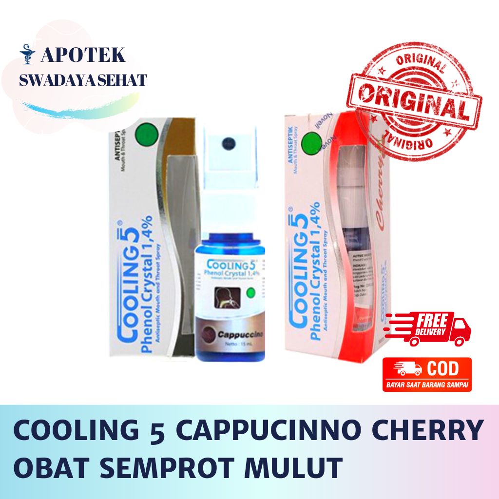 COOLING 5 Phenol Crystal 1,4% 15 ML Varian Cappucinno Cherry - Obat Semprot Mulut Sakit Tenggorokan Panas Dalam