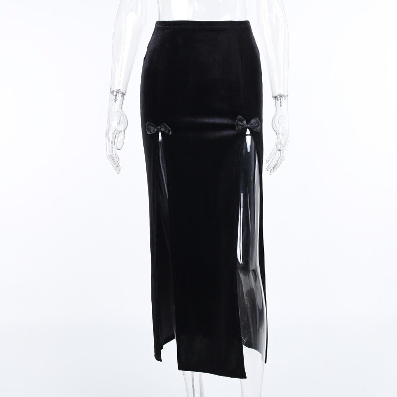 [Goth Story] Women Goth Ribbon Split Velvet Long Skirt Rok Wanita Beludru 2526 (S/M/L)