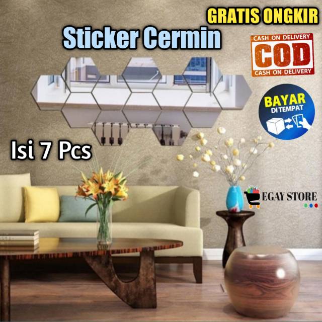 Stiker Kaca Cermin Mirror Hexagonal Sticker Dinding Murah Wallstiker Hias Tembok Isi 7 Pcs