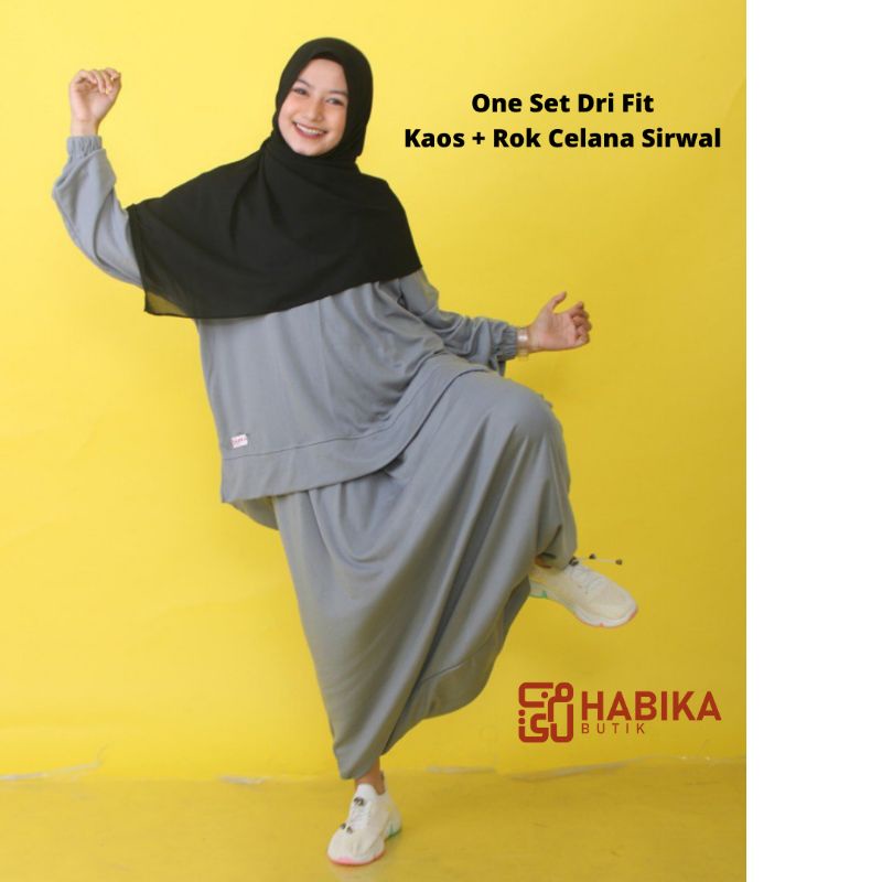 Setelan Olahraga Dri Fit Rok Celana sirwal dan Kaos bahan Jersey Dri Fit