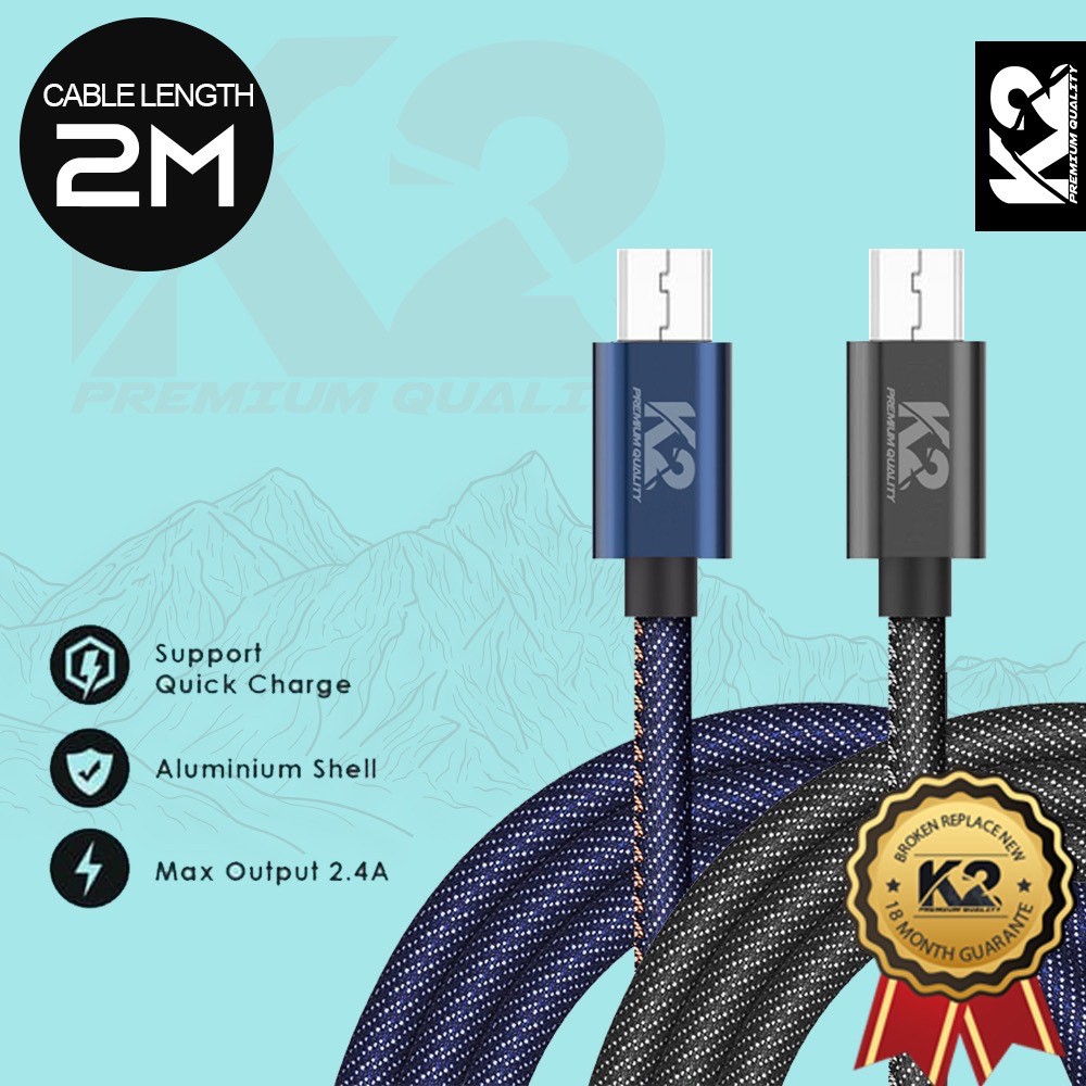 KABEL DATA DENIM 2 METER K2-C07 K2 PREMIUM QUALITY MICRO / TYPE C / Lightning Fast Charging 2.4A [fs]