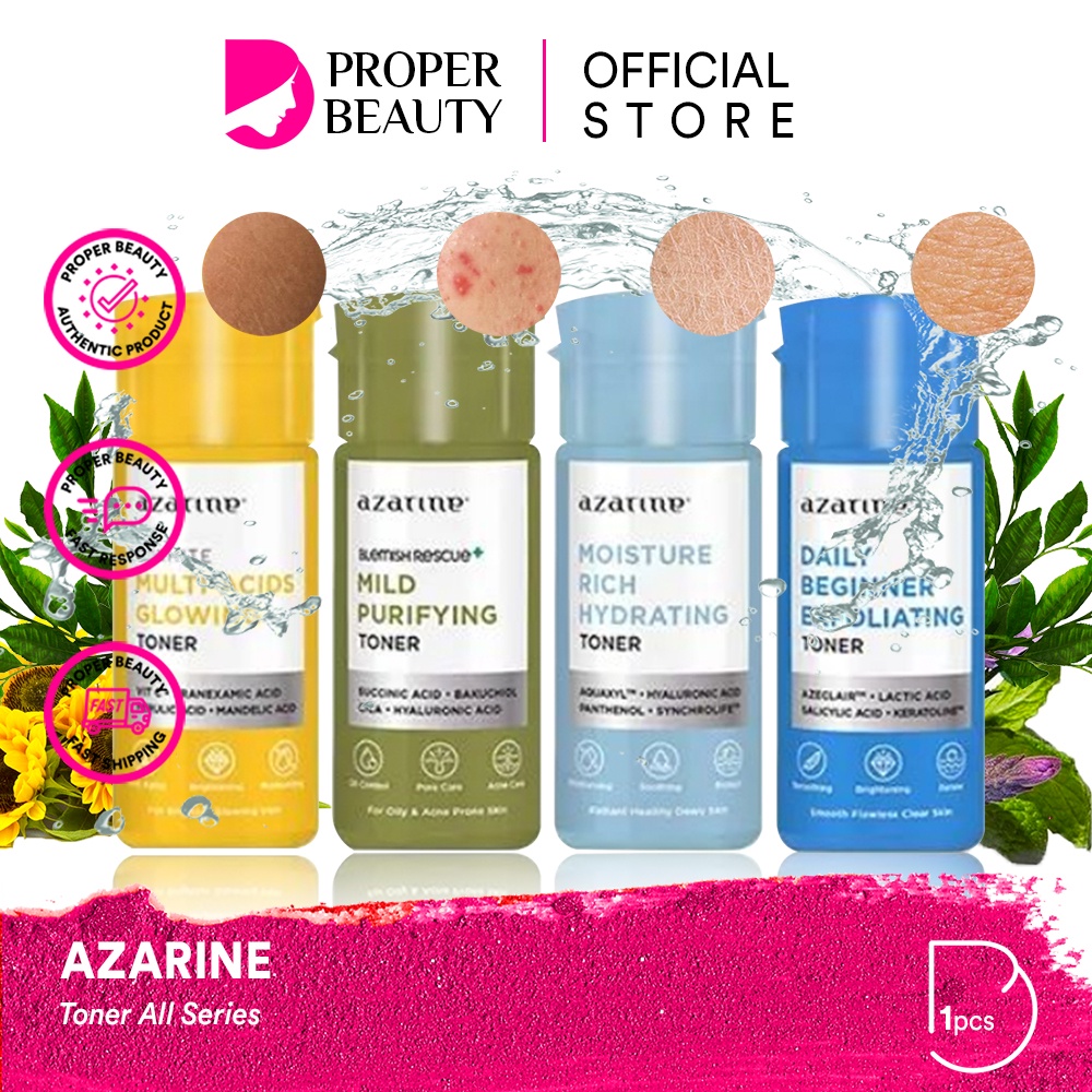 AZARINE Toner All Series Indonesia / Multi Acids Glowing Moisture Rich Hydrating Daily Beginner Exfoliating Mild Purifying / C White Blemish Rescue Easy / Facial Wash Essence Serum Ampoule Day Night Eye Cream Sunscreen Mask Masker Lip Nail Hair Acne Face