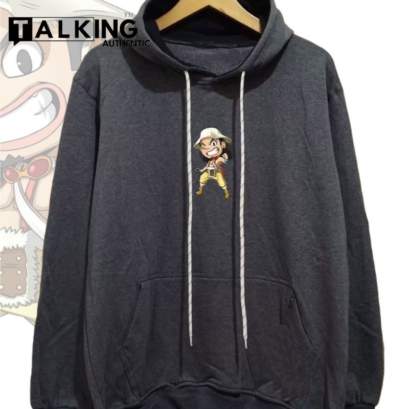 Sweater Hoodie Pria Wanita Kekinian Original Brand Lokal TALKING AUTHENTIC Size M L XL XXL Warna Abu Tua Hudi Bertopi Remaja Laki Perempuan Sablon Anime One Piece Usop Murah