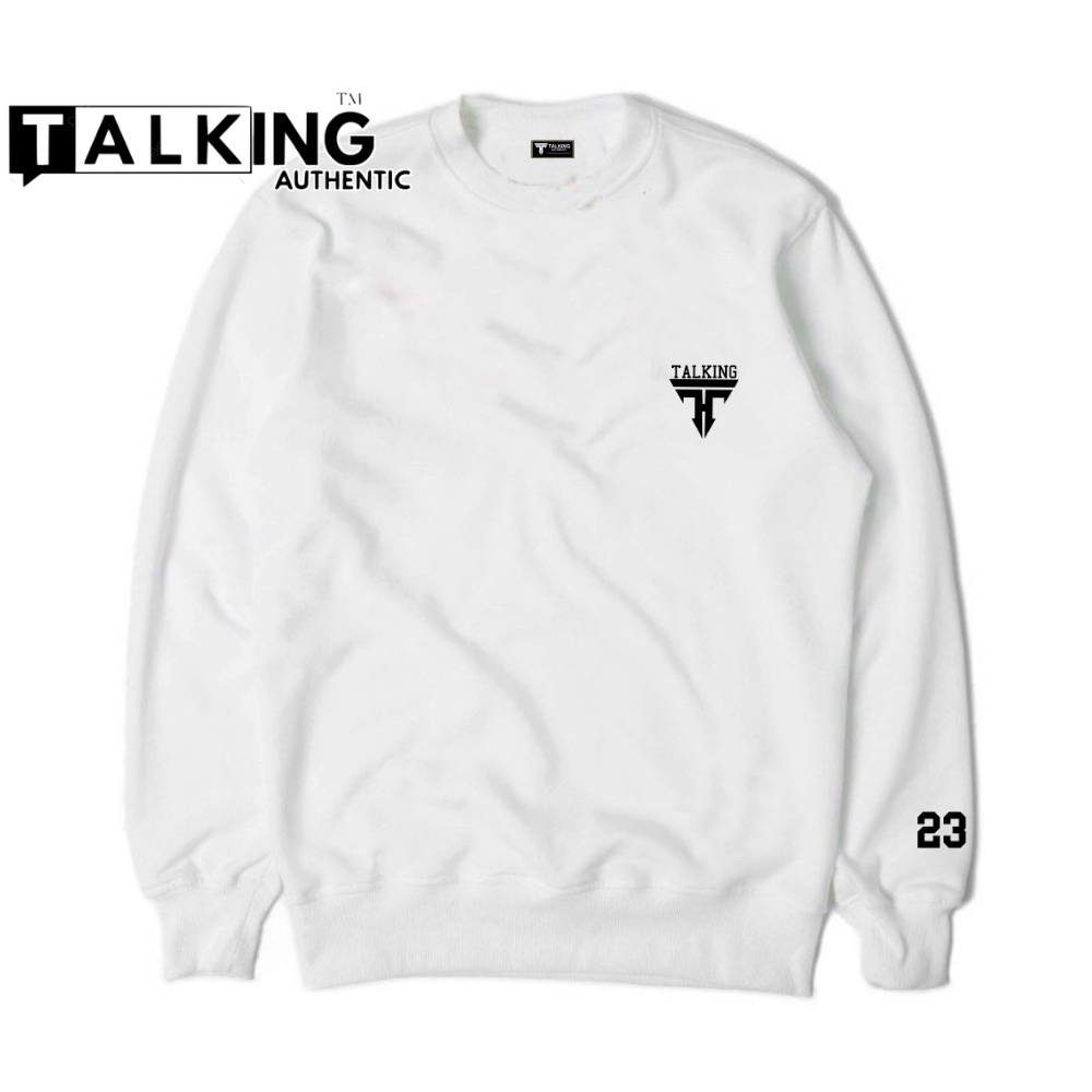 TALKING Sweater Crewneck Original Putih Distro Motif LOGO Simpel Suiter Kurunek Bahan Tebal Switer Hodie Unisex Basic Polos Suwiter Remaja Cewe Cowo Cople Sweter Dua Varian Kerah Bulat Kombinas Tangan