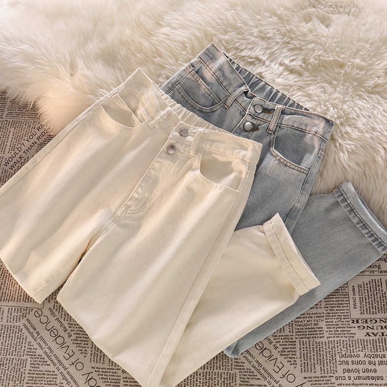 Warna Krem / Biru muda Korean Highwaist Loose Kasual Jeans Wanita